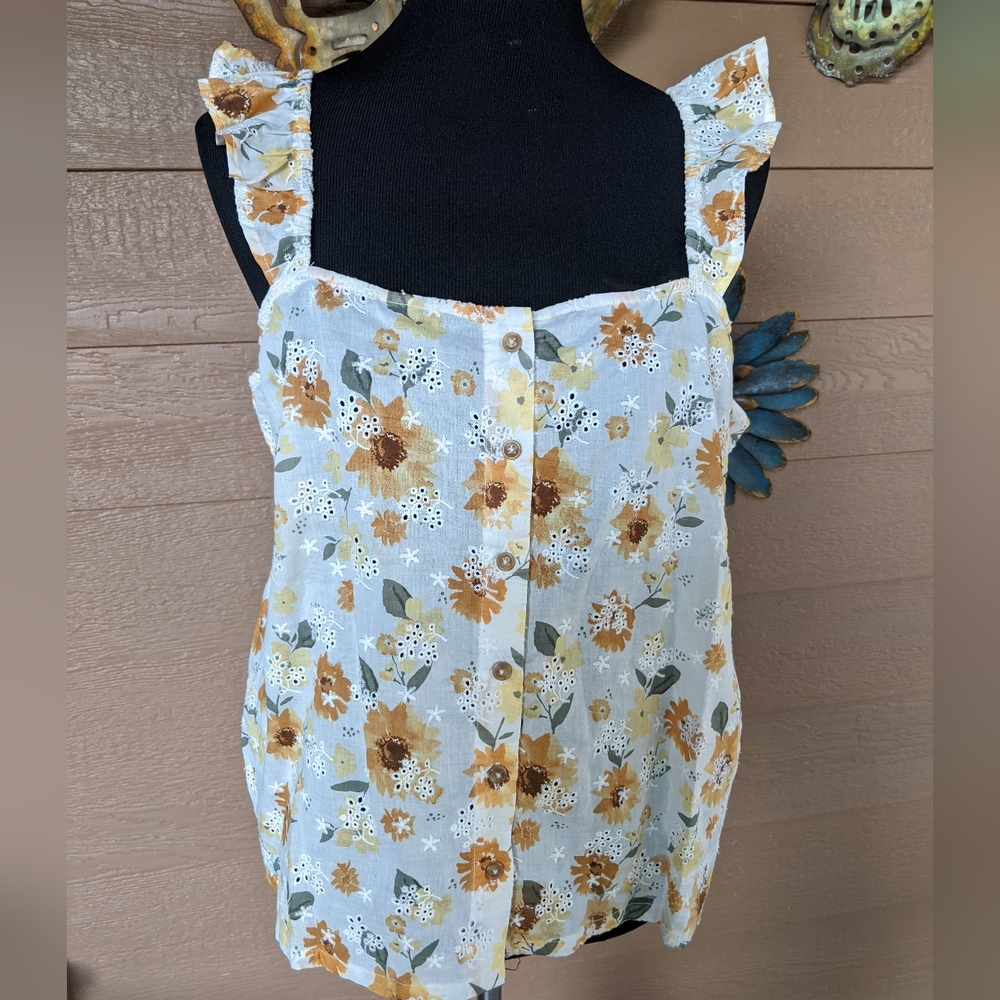 Tribal White And Yellow Ruffled Buttoned Eyelet Tank Top